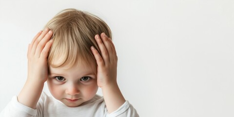 Cute little child toddler on neutral background with hands on his head with light grey copyspace background what have I done