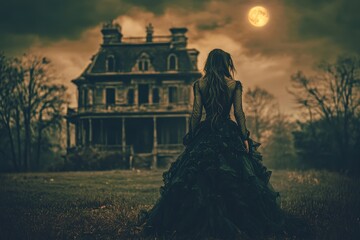 A woman in a dark dress stands at dusk near a haunted mansion under a full moon