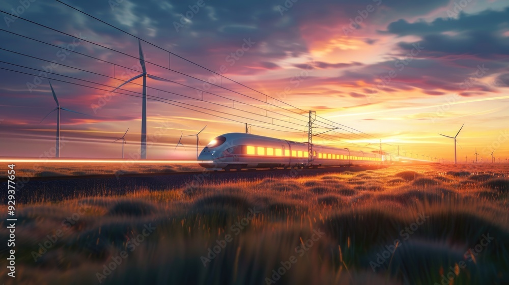 Poster train moving along railway tracks in the presence of wind turbines, suitable for use in travel or in