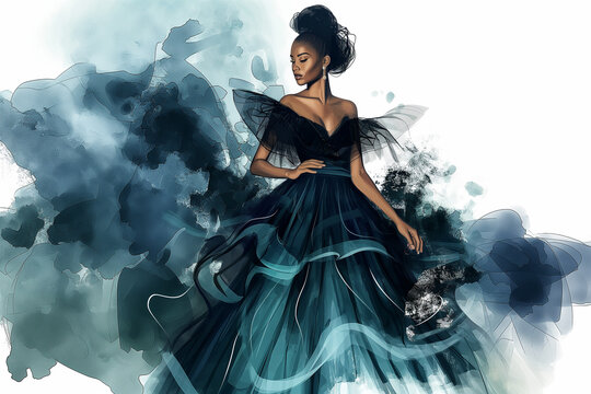 Stylish illustration of a young African American woman in an elegant evening gown, rendered in fashion sketch style