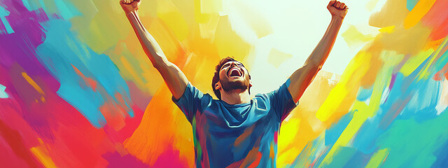 Young man celebrating with arms raised, surrounded by vibrant, colorful background symbolizing joy and triumph.