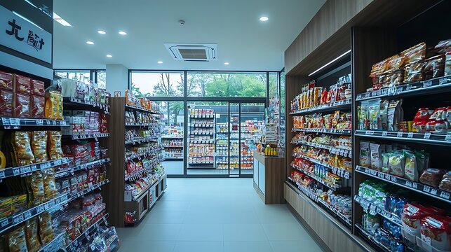 Interior of a convenience store with shelves full of snacks and drinks.