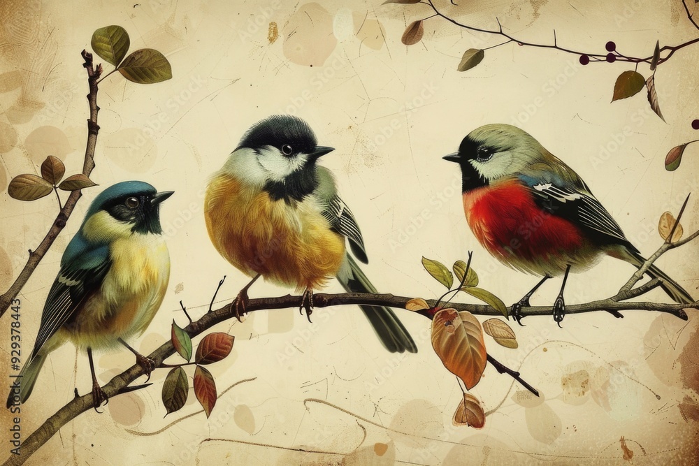 Poster three birds resting on a branch of a tree, natural scenery
