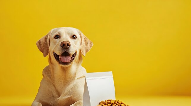 A calm dog beside a clean white pet food package, with an eye-catching yellow background, presented in high-quality AI-generated visuals -
