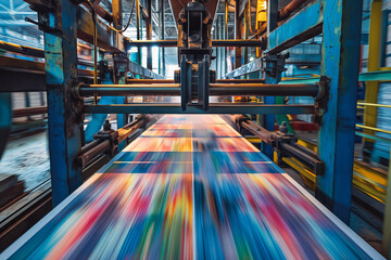 Machine printing colored newspaper, offset printing press, printing in progress
