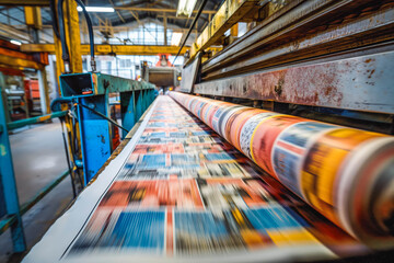 Machine printing colored newspaper, offset printing press, printing in progress