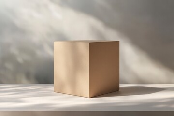 A minimalist cube on a table with soft lighting and shadows.