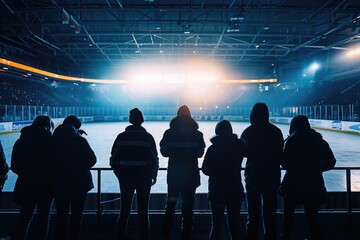 People gathered to watch a hockey game, focusing on the action on the ice