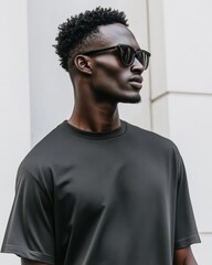 Obraz premium A model showcases a sleek black outfit with stylish sunglasses