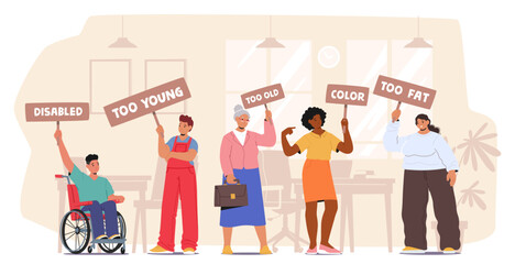 Diverse Group Of People Holding Signs Protesting Discrimination In The Workplace. Signs Highlight Various Types Of Bias
