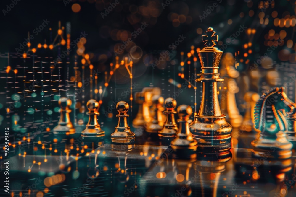 Poster A collection of chess pieces placed on a table, ready for a game or display