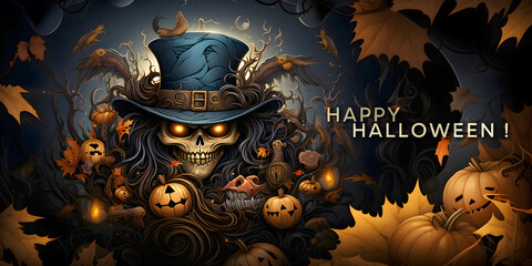"Happy Halloween" text surrounded by typical Halloween elements, pumpkins, candles etc. Beautiful design background for your Halloween party invitation, greeting cards, banner, wallpapers, poster etc.