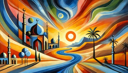 Obraz premium Vibrant Abstract Islamic Landscape