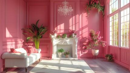 Pink Living Room with White Fireplace and Chandelier.