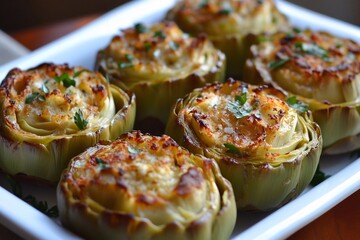 Stuffed artichoke hearts with a savory filling.