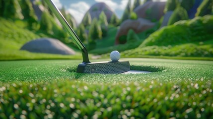A close-up of a putter club striking a ball on the green, with the hole in view.