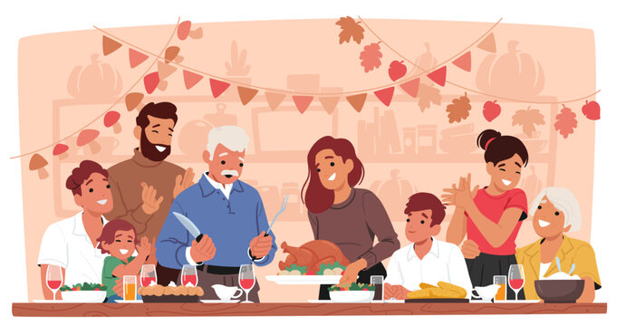 Family Characters Gathered Around The Dinner Table, Celebrating Thanksgiving With A Festive Meal, Vector Illustration