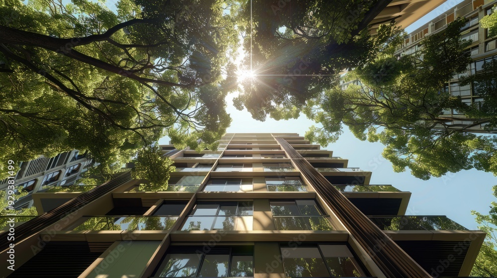 Poster a tall building with numerous windows surrounded by trees, ideal for use in urban planning or archit