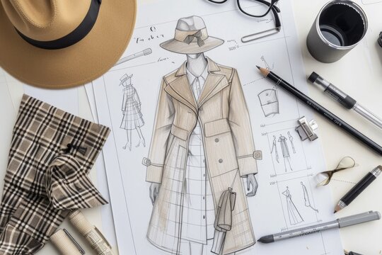 Coat and hat illustration with intricate design details