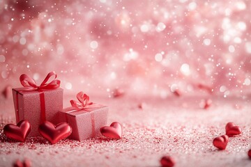 Fototapeta premium red gift box with ribbon and hearts. Valentines Day background. Gifts confetti