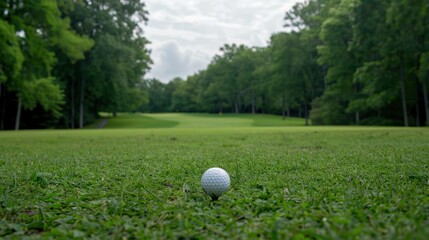 A golf ball on a tee with the fairway stretching out ahead, ready for the first swing.