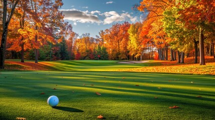 A golf course surrounded by vibrant autumn foliage, with a ball on the green.