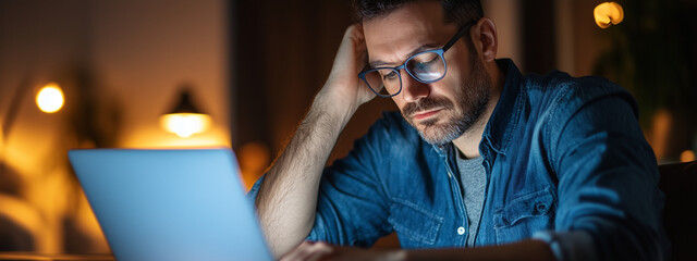 Bearded Caucasian man wearing glasses, focused on his laptop screen in a dimly lit room, showing deep concentration and a casual yet serious expression.
