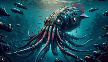 A mechanical octopus submerged underwater, surrounded by small robotic fish.