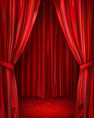 Dramatic red theater curtains framing an empty stage