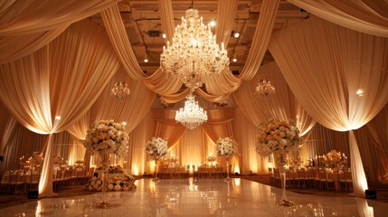 Obraz premium A lavish wedding reception decoration setup with chandeliers, crystal vases, and luxurious drapes.
