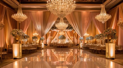 A lavish wedding reception decoration setup with chandeliers, crystal vases, and luxurious drapes.
