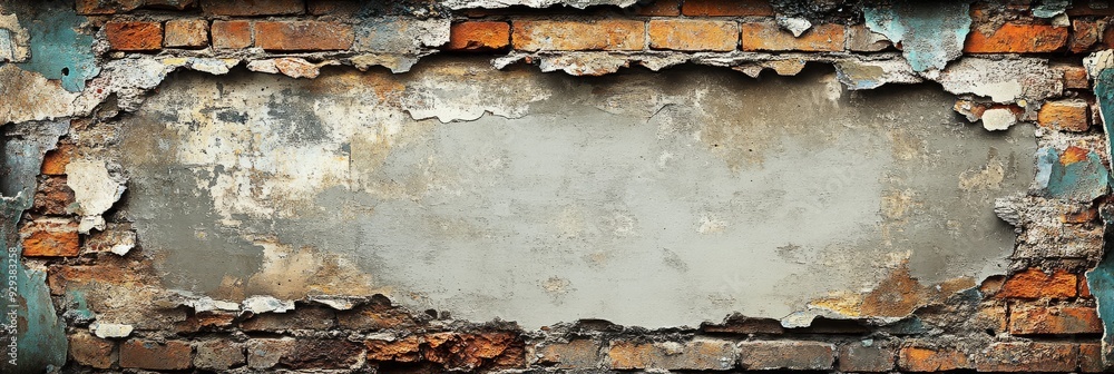 Poster this captivating image displays a weathered brick wall with peeling plaster and a blank space, makin