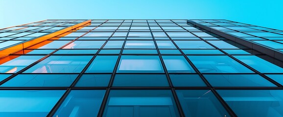 Low angle view of a modern building with a blue glass facade and an orange metal panel.