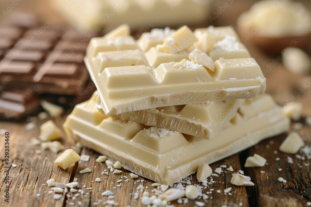 Wall mural white chocolate pieces scattered on a rustic wooden table. The image should highlight the smooth, creamy texture of the chocolate against the rich, natural grain of the wood. 