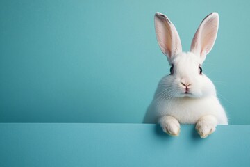 Obraz premium white Easter rabbit holding a blank sheet of paper against a soft blue background. The blank sheet should be positioned prominently, providing space for text or a message. 