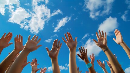 Low angle view of multiple hands reaching up to the blue sky with white clouds.