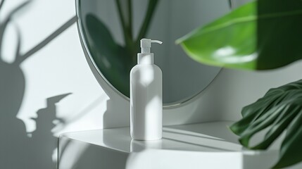 A minimalist scene featuring a white bottle on a shelf with shadows and plant leaves.