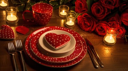 Fototapeta premium A romantic Valentine's Day table decoration setup with red roses, heart-shaped plates, and glowing candles.