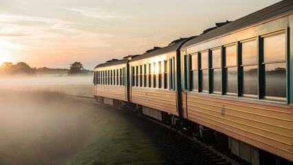 Fototapeta premium Rural passenger train moving through countryside at sunrise