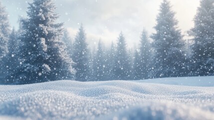 Fototapeta premium A serene winter landscape with snow-covered ground and evergreen trees in the background.