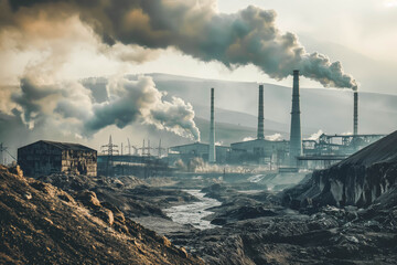 Fototapeta premium Ruined landscape with massive smoke coming out from chimneys in background. Air pollution and poisonous environment