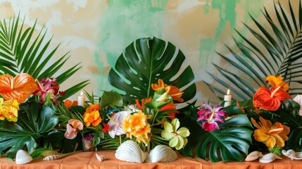 A tropical-themed decoration setup with palm leaves, vibrant flowers, and seashells, perfect for a summer party.