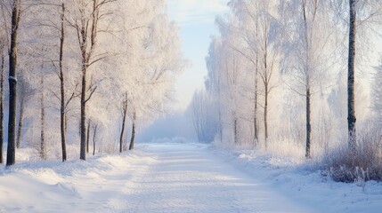 Obraz premium A serene winter landscape with snow-covered trees lining a peaceful path.