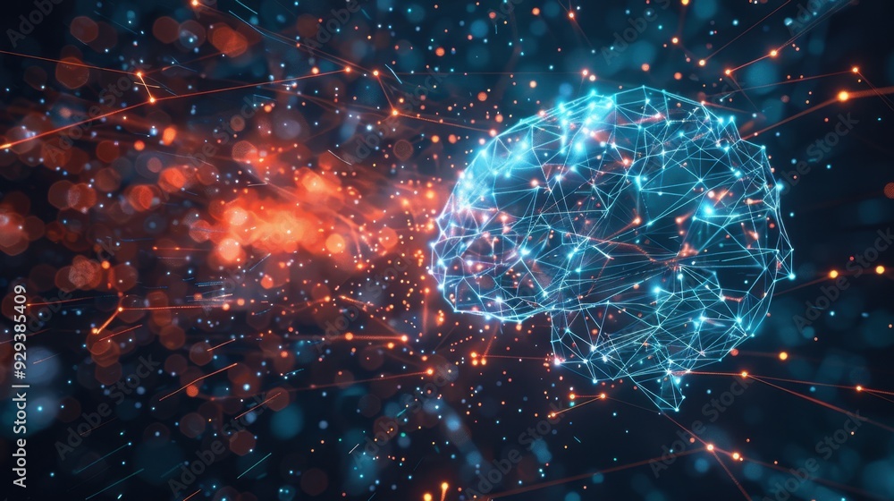 Poster abstract ai concept with a glowing brain connected to digital networks and data streams.