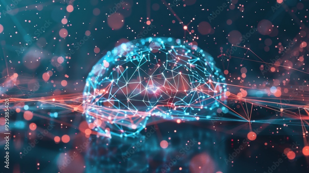 Poster abstract ai concept with a glowing brain connected to digital networks and data streams.