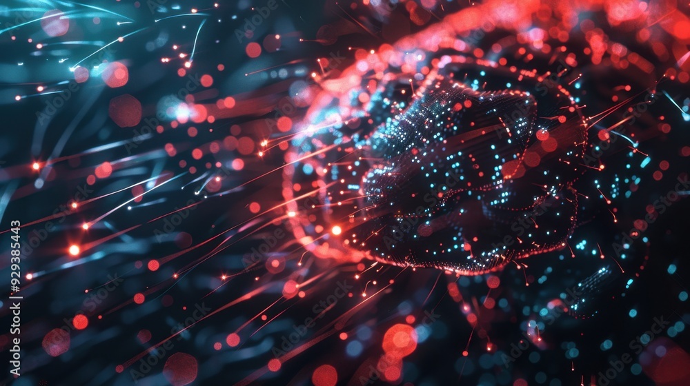 Poster abstract ai concept with a glowing brain connected to digital networks and data streams.