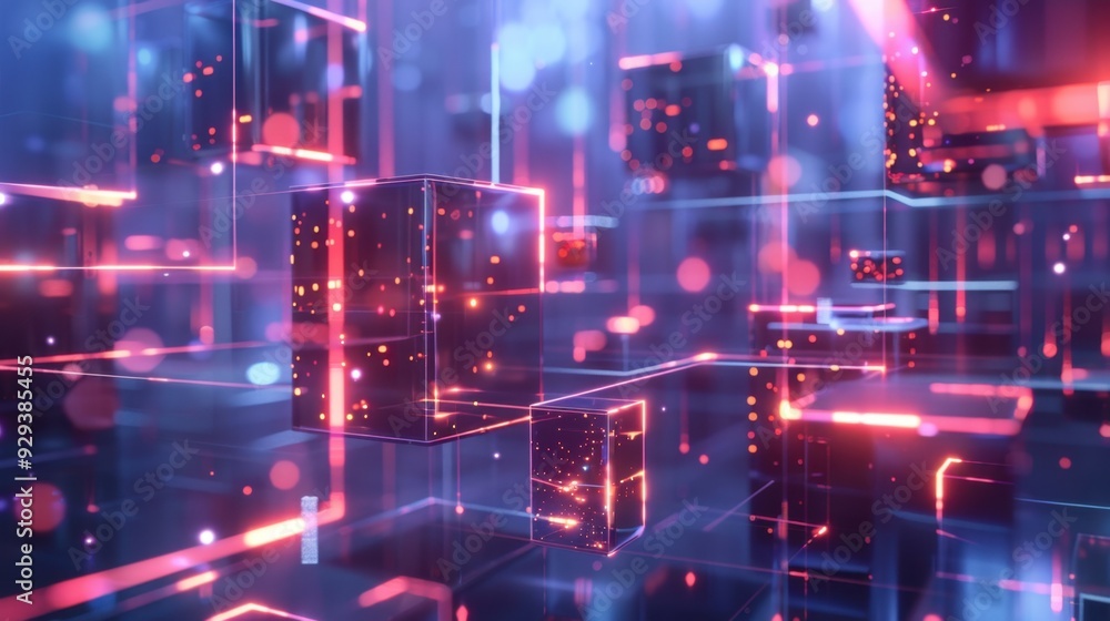 Poster abstract ai technology with floating geometric shapes and glowing lines, illustrating data processin