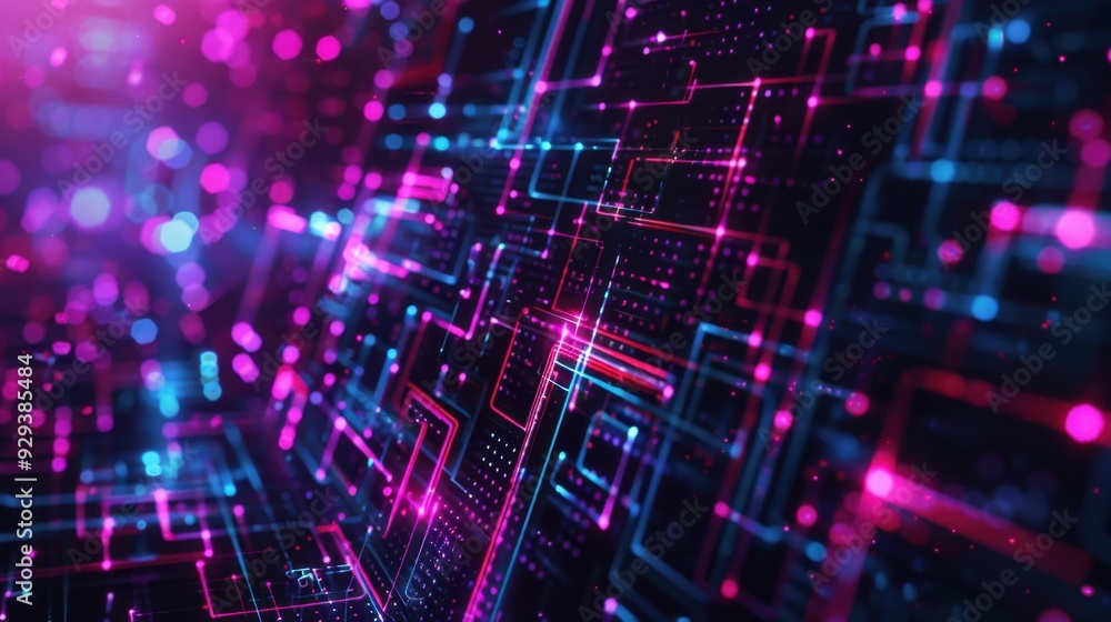 Poster abstract ai technology with floating geometric shapes and glowing lines, illustrating data processin