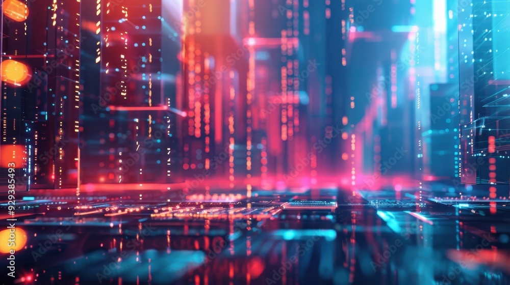 Poster abstract ai technology with floating geometric shapes and glowing lines, illustrating data processin
