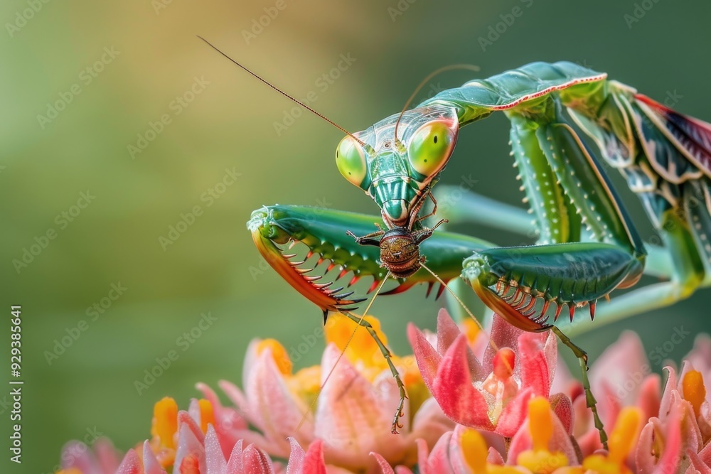 Canvas Prints A praying mantis sits on a flower, its long antennae and spiked forelegs visible